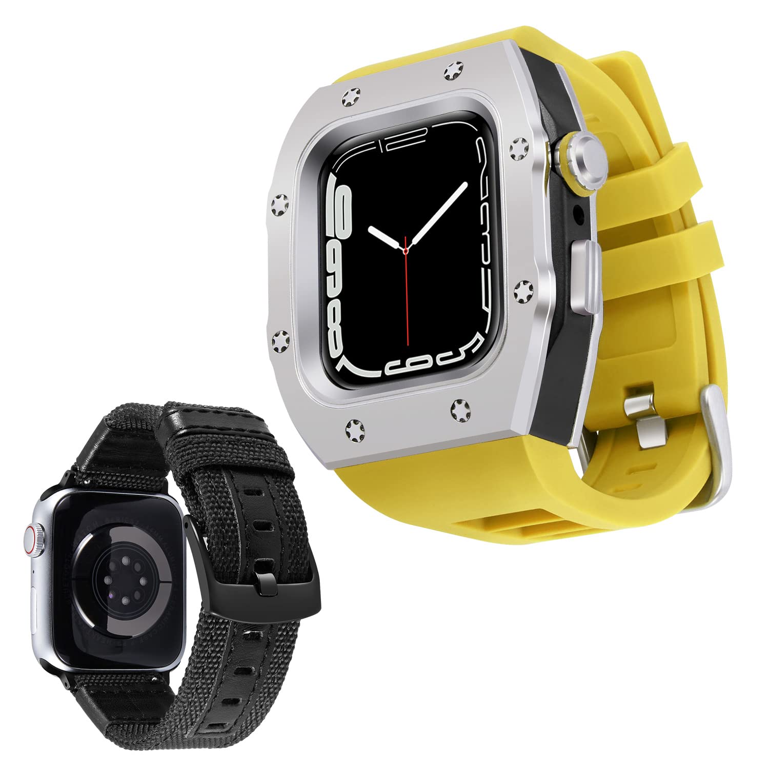 BINLUN Bracelets Compatible avec Apple Watch 44mm 45mm 2 Pièces Homme Bracelet de Montre en Silicone avec Boîtier Protection en Métal, Bracelet Toile Compatible avec iWatch Serie 9/8/7/SE2/SE/6/5/4