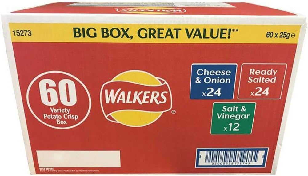 Walkers Crisps Multipack Mixed Flavour Variety Box (Ready Salted, Salt & Vinegar, Cheese & Onion) - 60 x 25g Selection Box