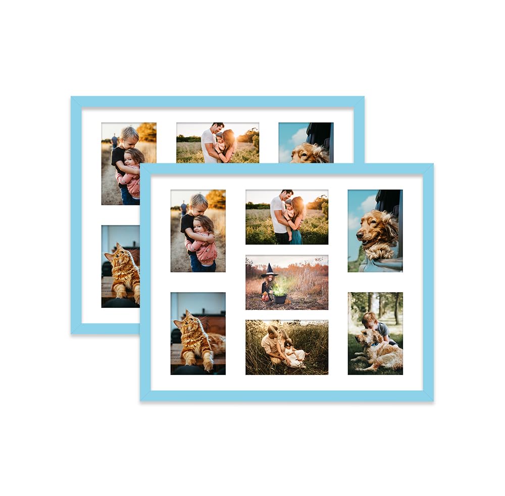 Light Blue Multi Photo Frame - Holds 7 x 6x4 Pictures, Family Collage Picture Frame for Wall Display, 20x16 Frame size, Set of 2