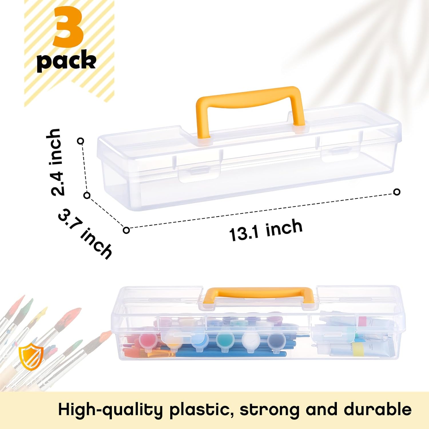 Gerrii 3 Pack Paint Brush Storage Box Portable 13 Inch Long Paintbrush Drawing Tools Pencils Container Case with Handle Clear Paint Brush Organizer Holder for Artist Craft Art School Supplies