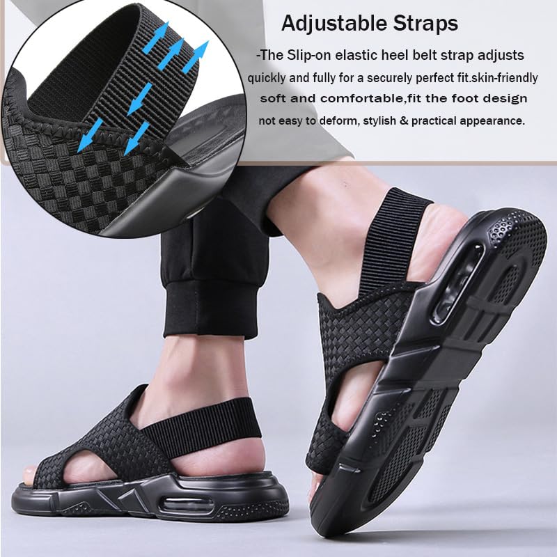 Soft Sole Black Woven Summer Sandals for Men's Open Toe Breathable Outtdoor Anti-Slip Beach Casual Height Increasing Sandalias Shoes3