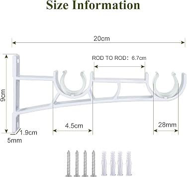 Curtain Pole Brackets, 4 Pack Double Curtain Pole Bracket 28mm Heavy Duty Curtain Rail Brackets White Curtain Pole Holder Support Hooks for Drapery Rod