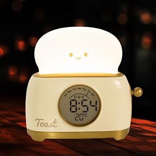 Kids Toast Night Light Alarm Clock, Kids Sleep Trainer, Cute Toast Clock Dimmable Night Light, Ideal Christmas Birthday Gift for Kids Adults(Toast Clock-Yellow)