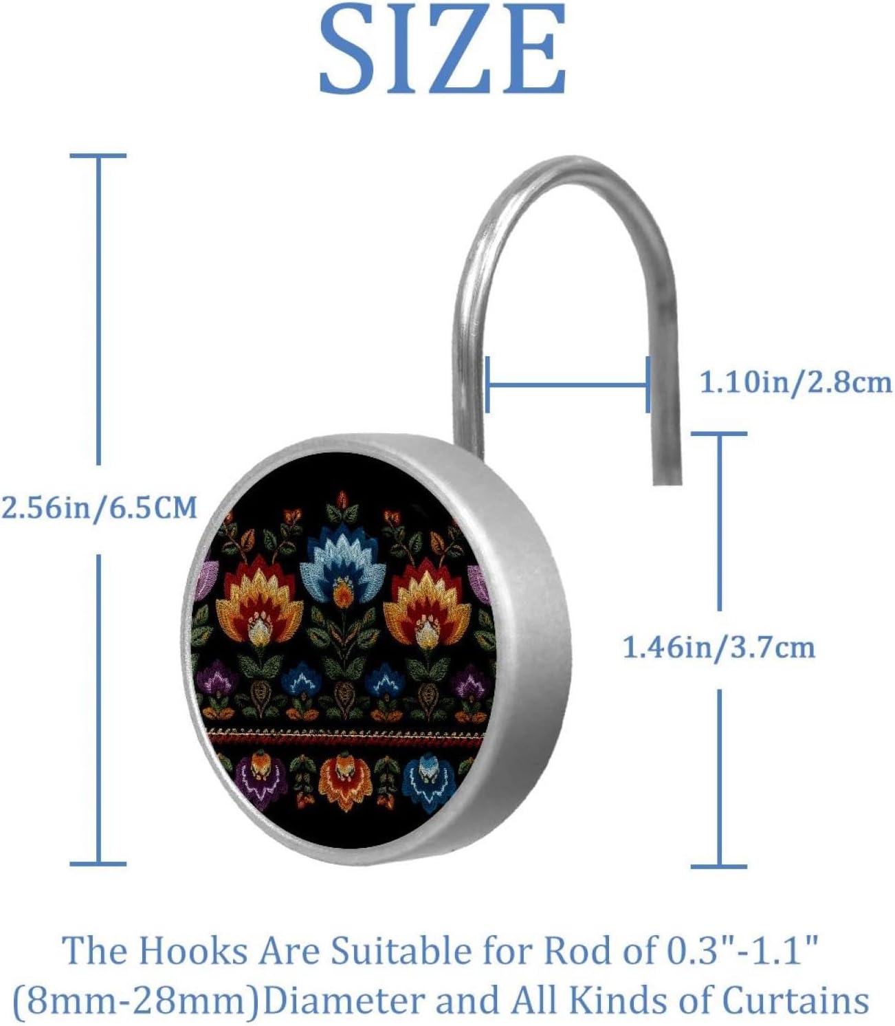 Motifs African Boho Paisley Floral (5) Round Crystal Glass Decorative Shower Curtain Hooks with 3D Pattern Visual, Rust Proof Shower Curtain Rings-12 Pack