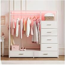 White Dresser with Hanging Rack for Bedroom, 6 Large Fabric Drawers with LED Lights, Clothing Storage Organizer for Small Spaces, Modern White Chest of Drawers with Clothes Rack