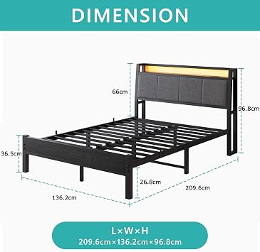 Double Bed Frame, 4FT6 Bed Frame Ergonomics Double with Charging Station and LED Lights, Heavy Duty Platform Full Bed with Fabric Storage Sloped Headboard, No Box Spring Needed, (Black)