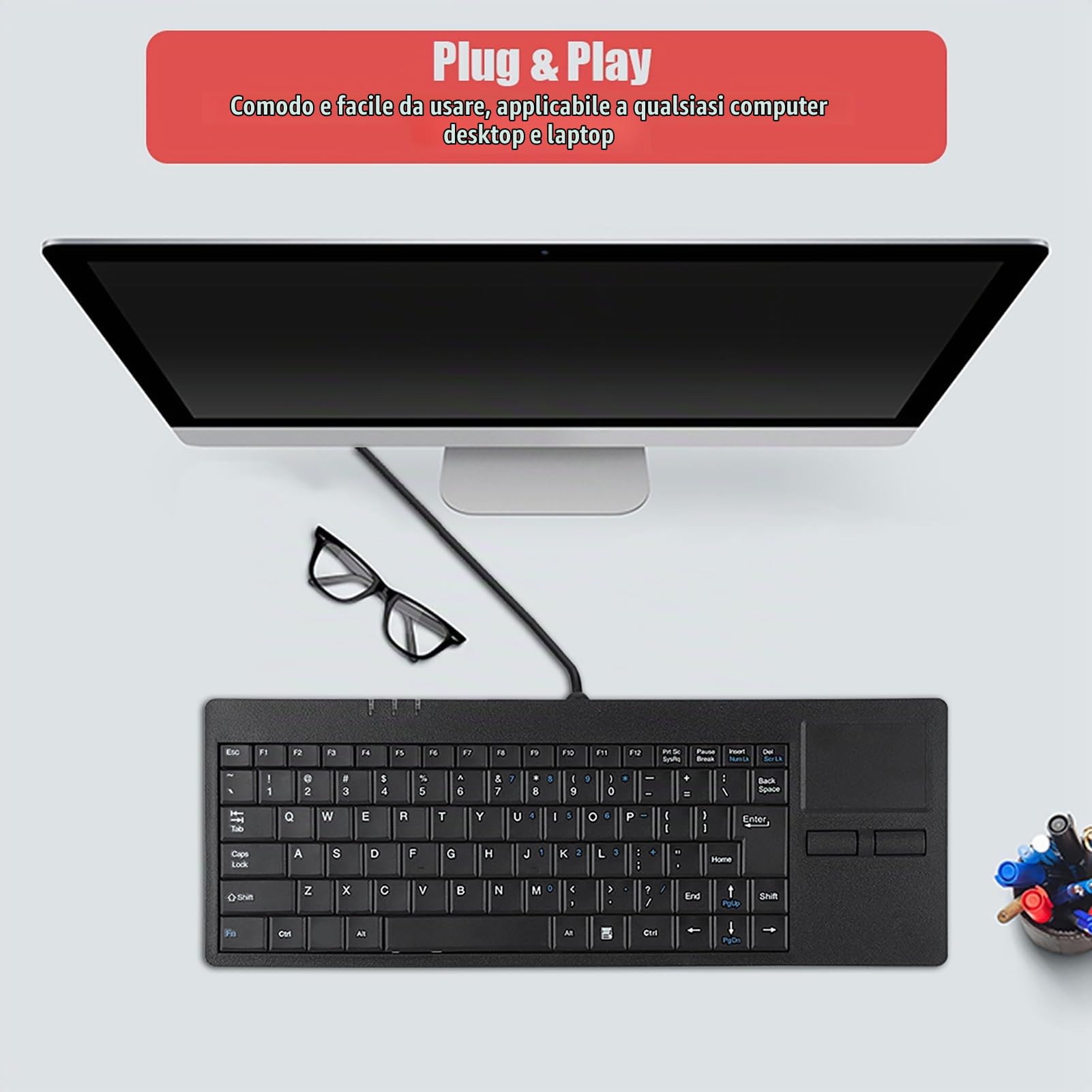 SYH&AQYE Tastiera USB Cablata, Tastiera Mute a 86 Tasti con Cavo da 1,4 M, Touchpad Integrato, Tastiera Touchpad da 12,2 X 4,5 X 0,8 Pollici con Tappetino Antiscivolo per Scrivania Per Notebook