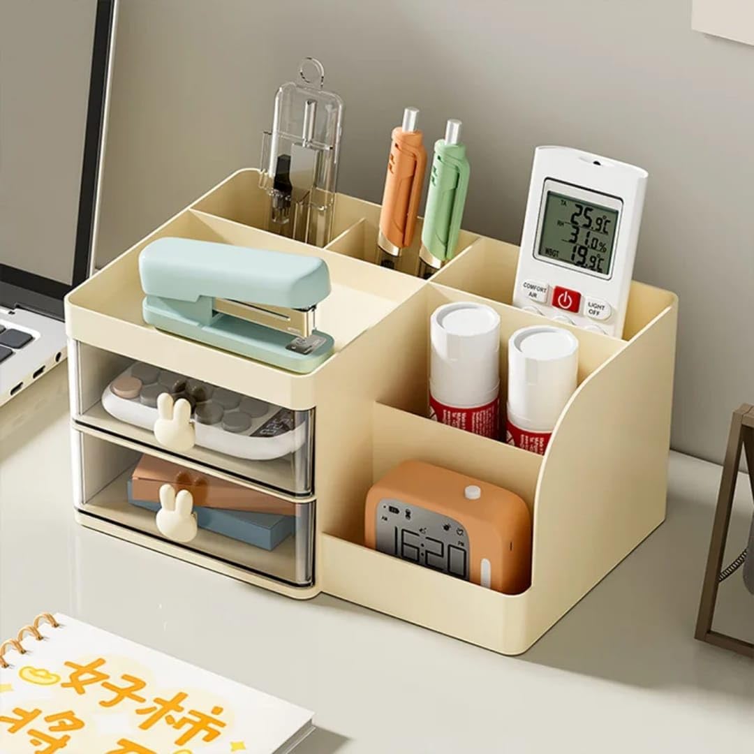 NISHIV Organizer da scrivania con 2 cassetti, in plastica, organizer da scrivania per cancelleria, portapenne, organizer per trucchi, per ufficio, scuola, casa, ufficio (giallo)