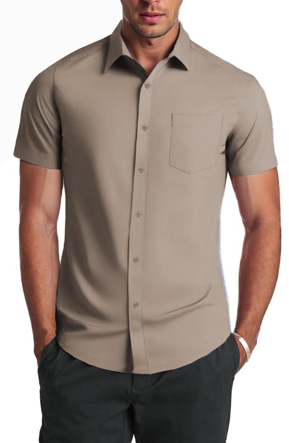 COOFANDY Camisa social masculina casual, de manga curta, negócios, casual, sem rugas, com bolsos