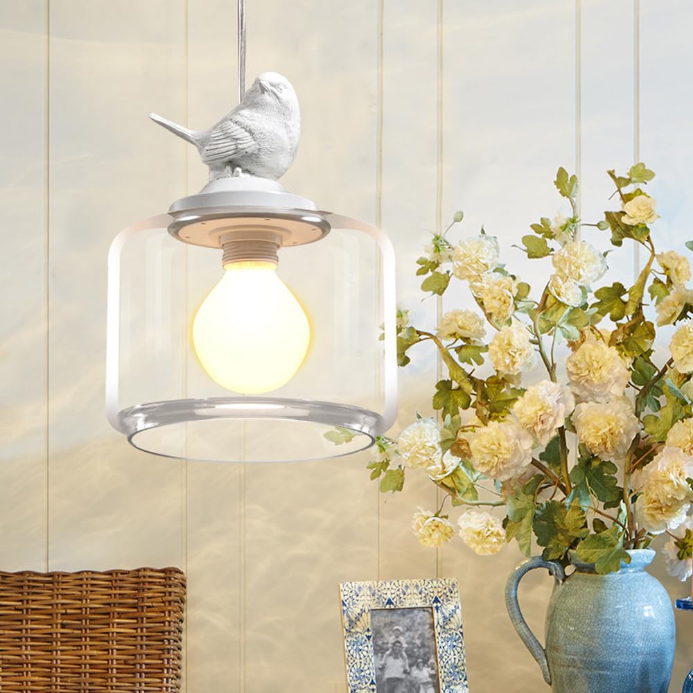 Lámpara colgante de vidrio transparente contra cocinas oscuras con diseño rústico de pájaros