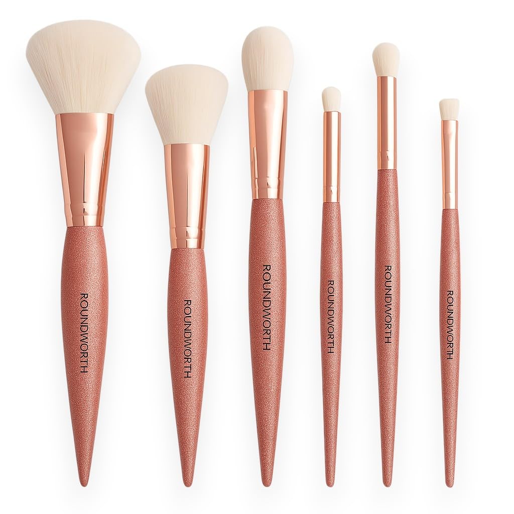 F.A.R.A.H. Luxe Collection – 6pc Professional Makeup Brush Set with Pink Glitter Handles – 100% Vegan Bristles – Powder, Blush, Foundation, Eyeliner & Eyeshadow Brushes – Soft White to Pink Gradient