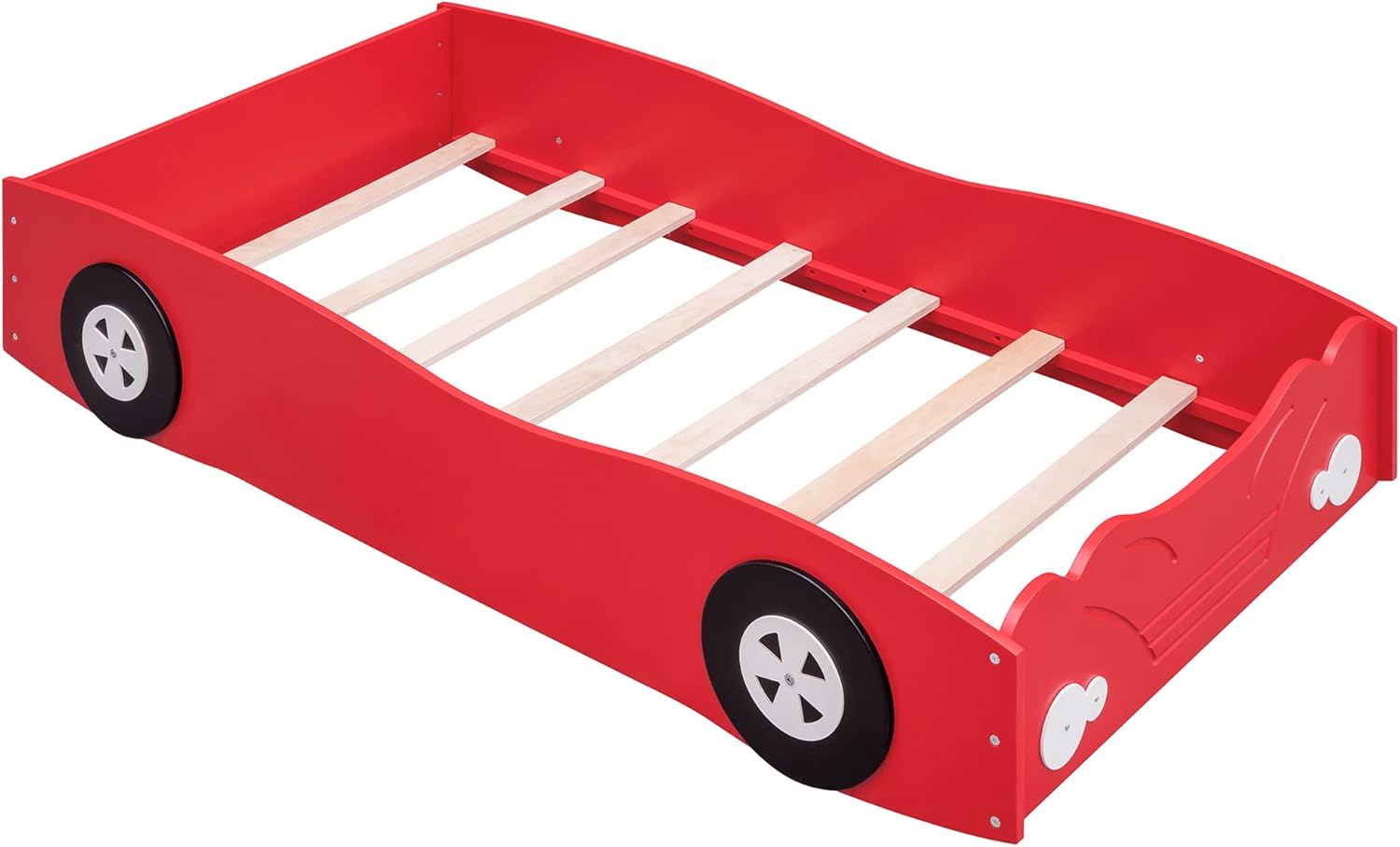 Angled view of the Bellemave Race Car Bed frame with wooden slats