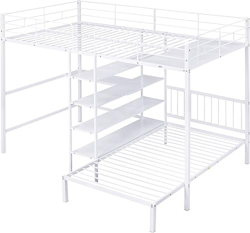 Miniatura 146 de Litera en forma de L individual sobre cama matrimonial adjunta, litera triple de metal con escritorio y tobogán integrados, marco de literas de