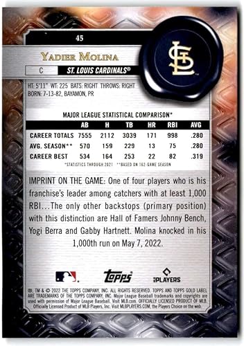 Miniatura 2 de Baseball Trading Card MLB 2022 Topps Gold Label Class 1#45 Yadier Molina NM Near Mint Cardinals