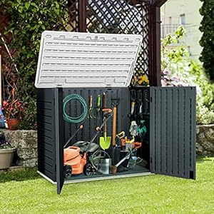 Yitahome outdoor horizontal storage sheds wo shelf weather resistant resin tool shed multi opening door for storage of bike trash cans garden tools 35 cu ft waterproof lockable dark gray  urban country home decor