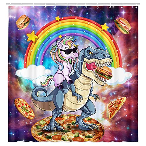 Grtuspr Cute Kids Shower Curtain, Cool Unicorn Riding Dinosaur Shower Curtain Sets For Bathroom,Funny Colorful Rainbow In Fantasy Galaxy Space Boys Girls Restroom Decor Accessories With Hooks, Purple #TOP2
