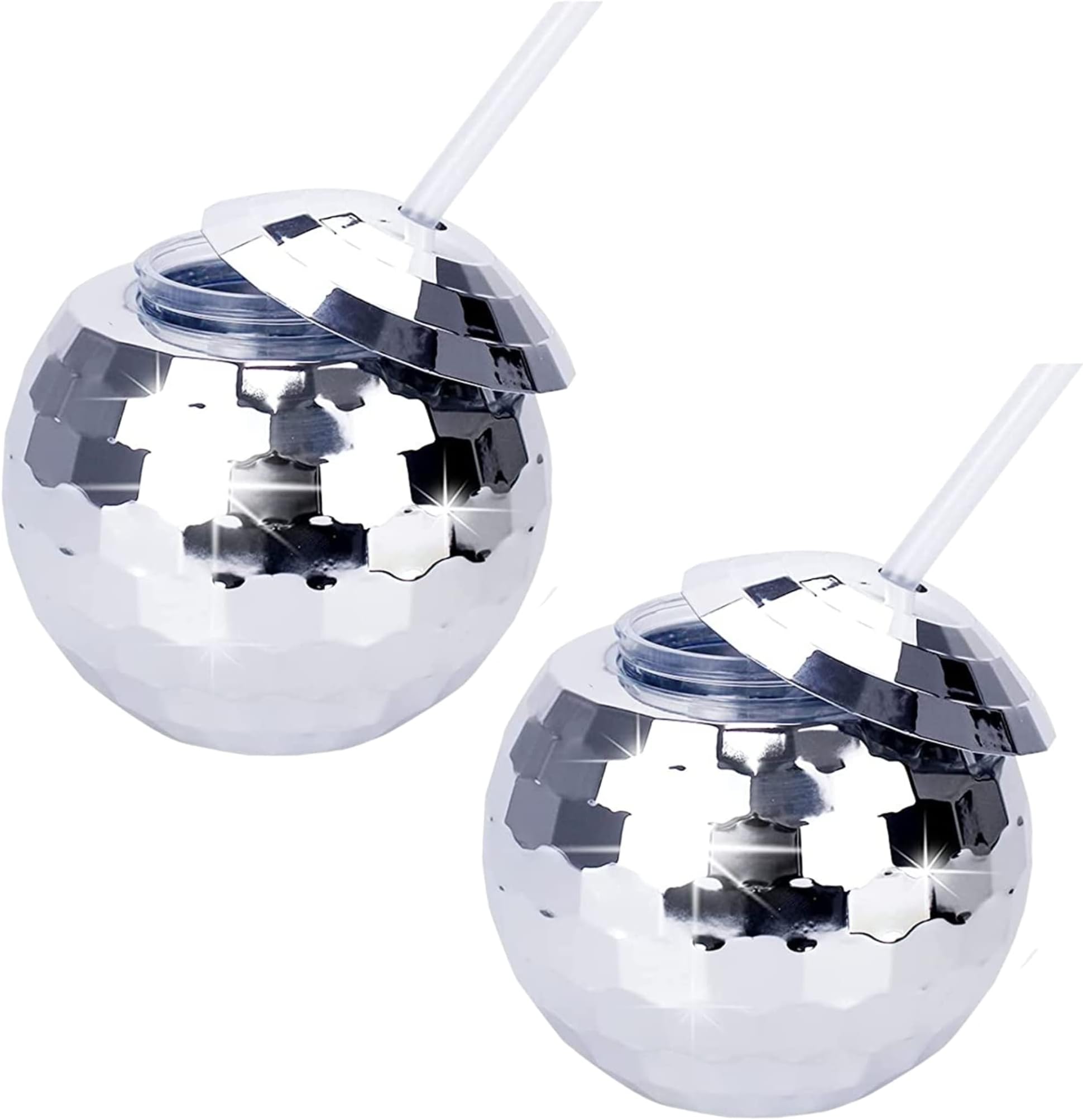 Party with Emma Disco Ball Cups, 20 Oz Reusable Plastic Tumbler Lids and Straws, Silver 2pcs