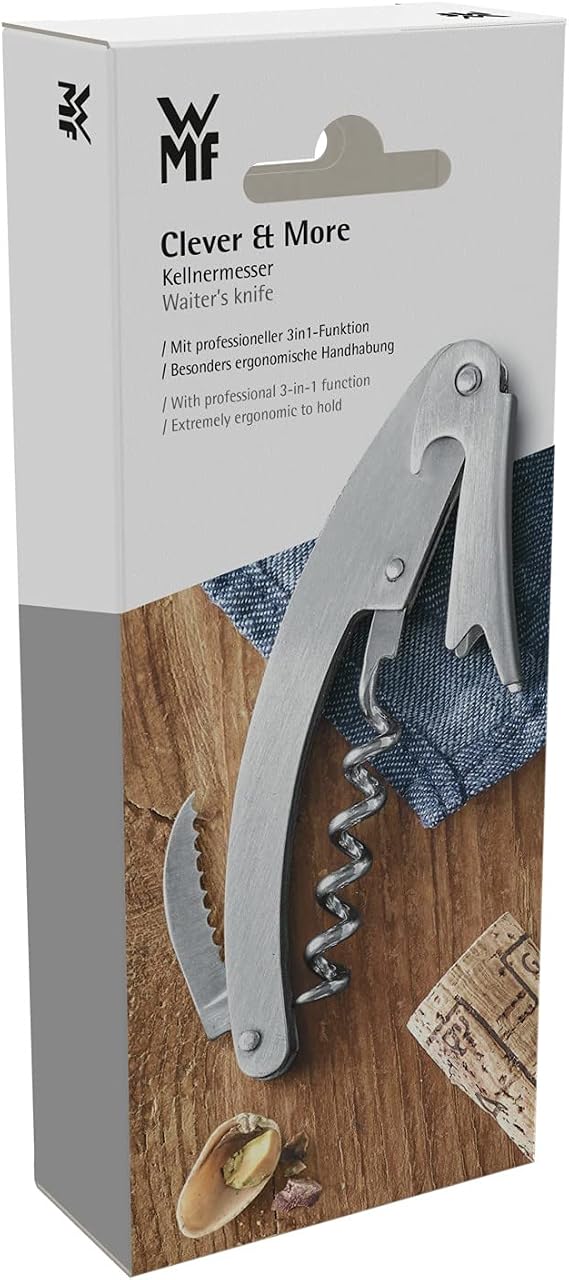 WMF Clever&More Garson Tirbuşonu, 10 cm, Cromargan® Yüksek Kaliteli Mat Paslanmaz Çelik, Şişe Açacağı, Kapak Açacağı ve Folyo Kesici, Tüm Mantar Tıpalar İçin