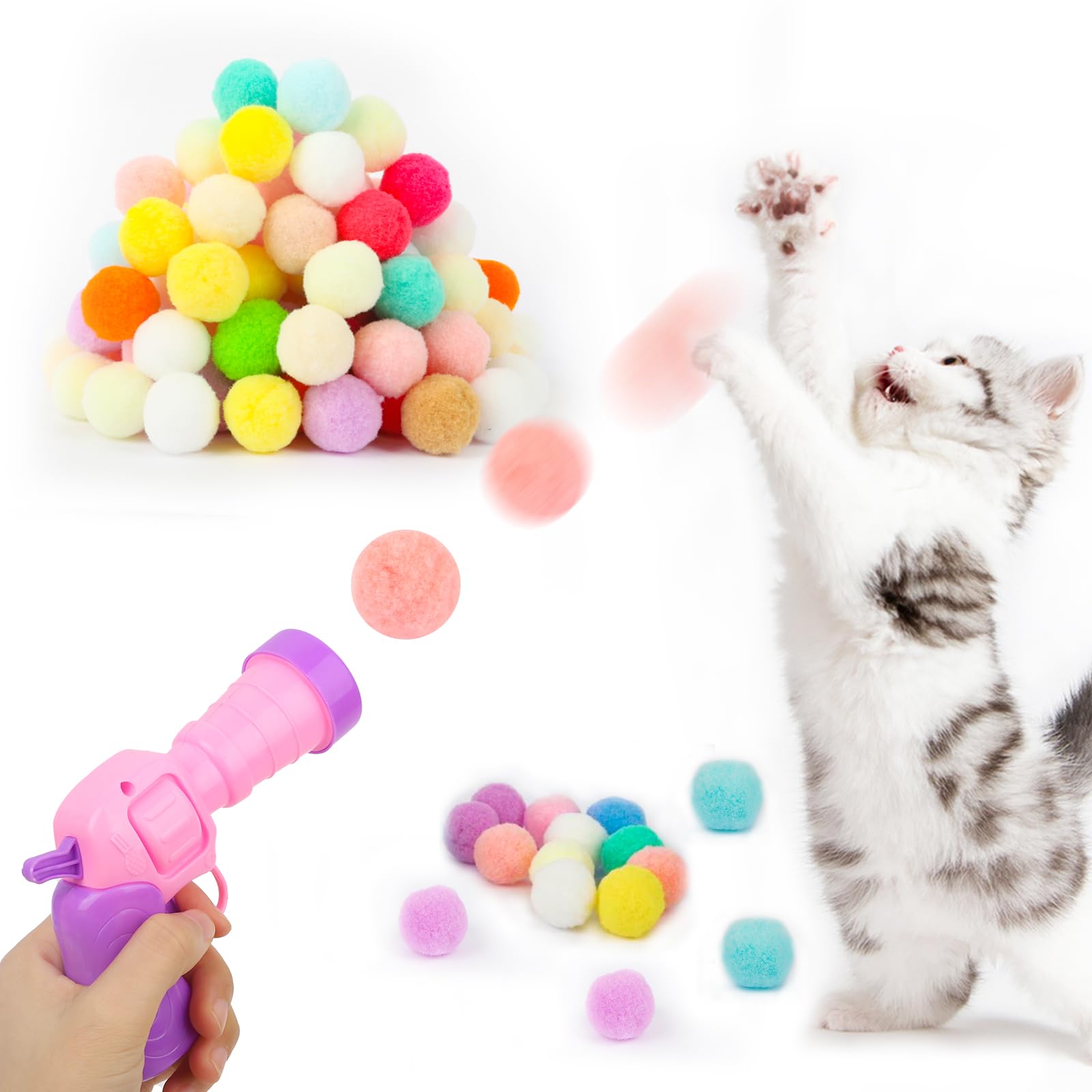 KLROSCAYI Cat Toy Balls Launcher Toy Shooter, Silent Plush Elastic Cat Ball Toy with 80Pcs Pom Pom Balls's Kitty Toys, Cat Toys Interactive for Indoor Peppy Pet Cats Exercise Games - Pink