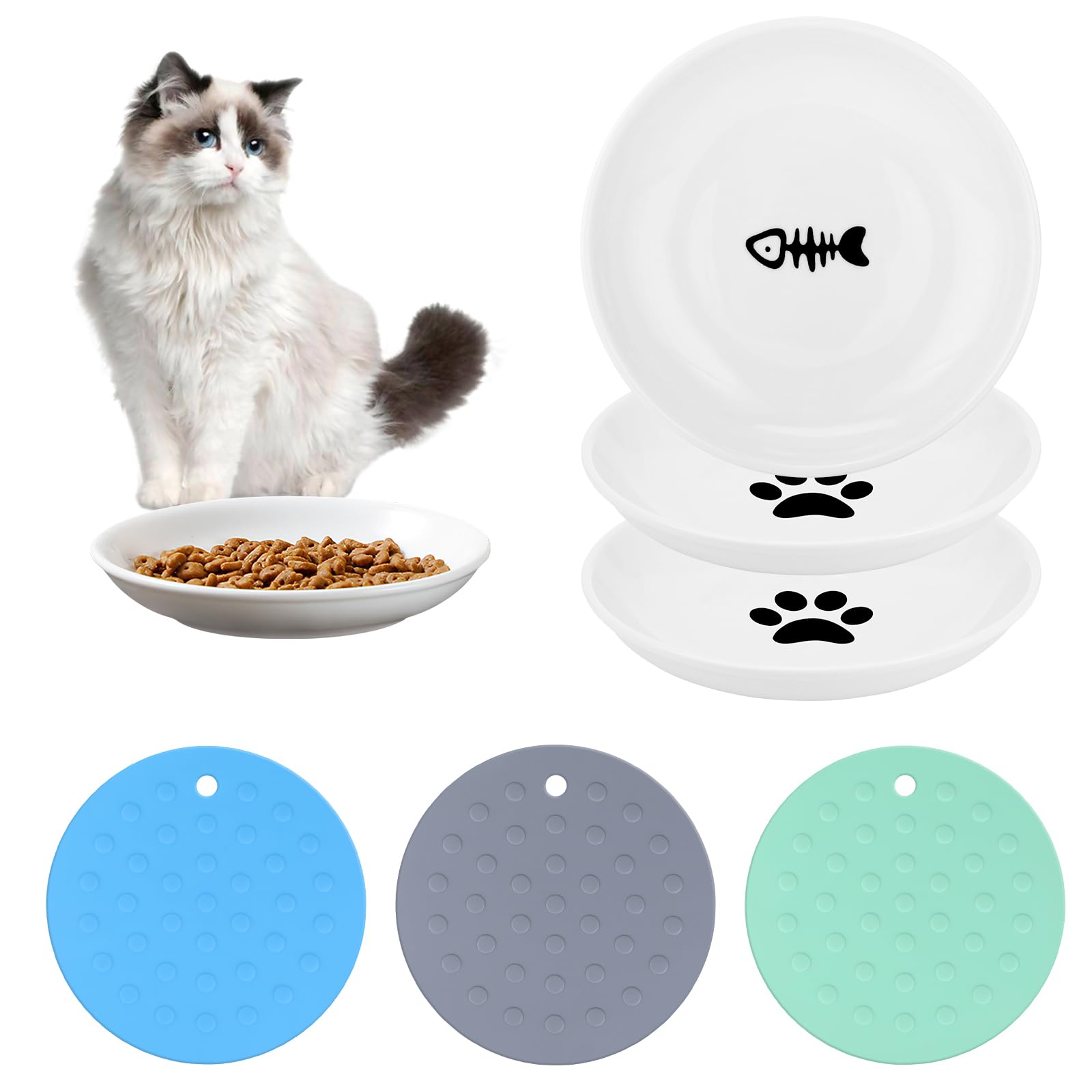 Cuenco para gatos de cerámica, 3 unidades, plano con 3 alfombrillas antideslizantes, comedero para gatos de la fatiga de los bigotes, comederos húmedos para gatos, gatitos y perros