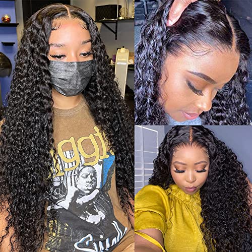 30 inch 13x6 Invisible Lace Front Wigs Brazilian Water Wave Human Hair Transparent Wig 150% Density Pre-Plucked with Babyhair Hair Glueless Lace Frontal Wigs for Black Women Natural Black