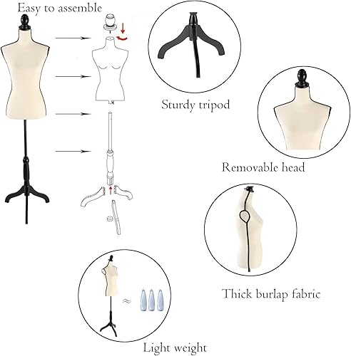 Vista 19 de Maniquí de costura para mujer, maniquí ajustable de 52 a 64 pulgadas para costura, maniquí de torso, exhibición de joyas, soporte de trípode de Negro