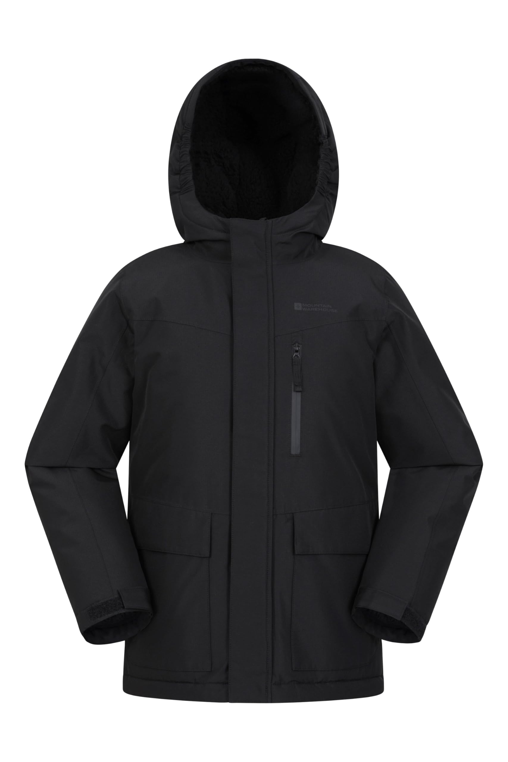 Mountain Warehouse Boys Black Noah Kids Borg Lined Waterproof Jacket - Sherpa Lined Puffer Coat With Lots Of Pockets, & Girls - Spring Summer Outdoors & Travelling Kids Size 7-8 Years