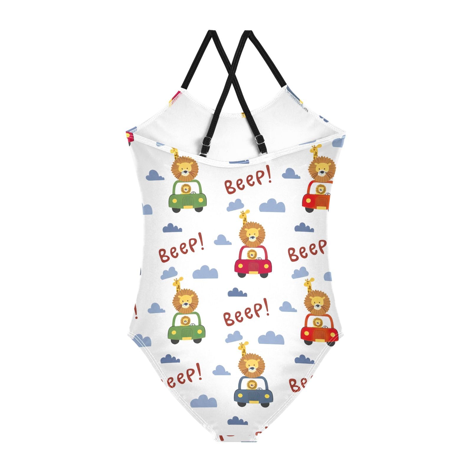 CHIFIGNO Cute Lions Cars White Swim Suits for Girls, Swimsuits for Girls One Piece Sport Summer Beach Swimwear for 7-8 Years Old