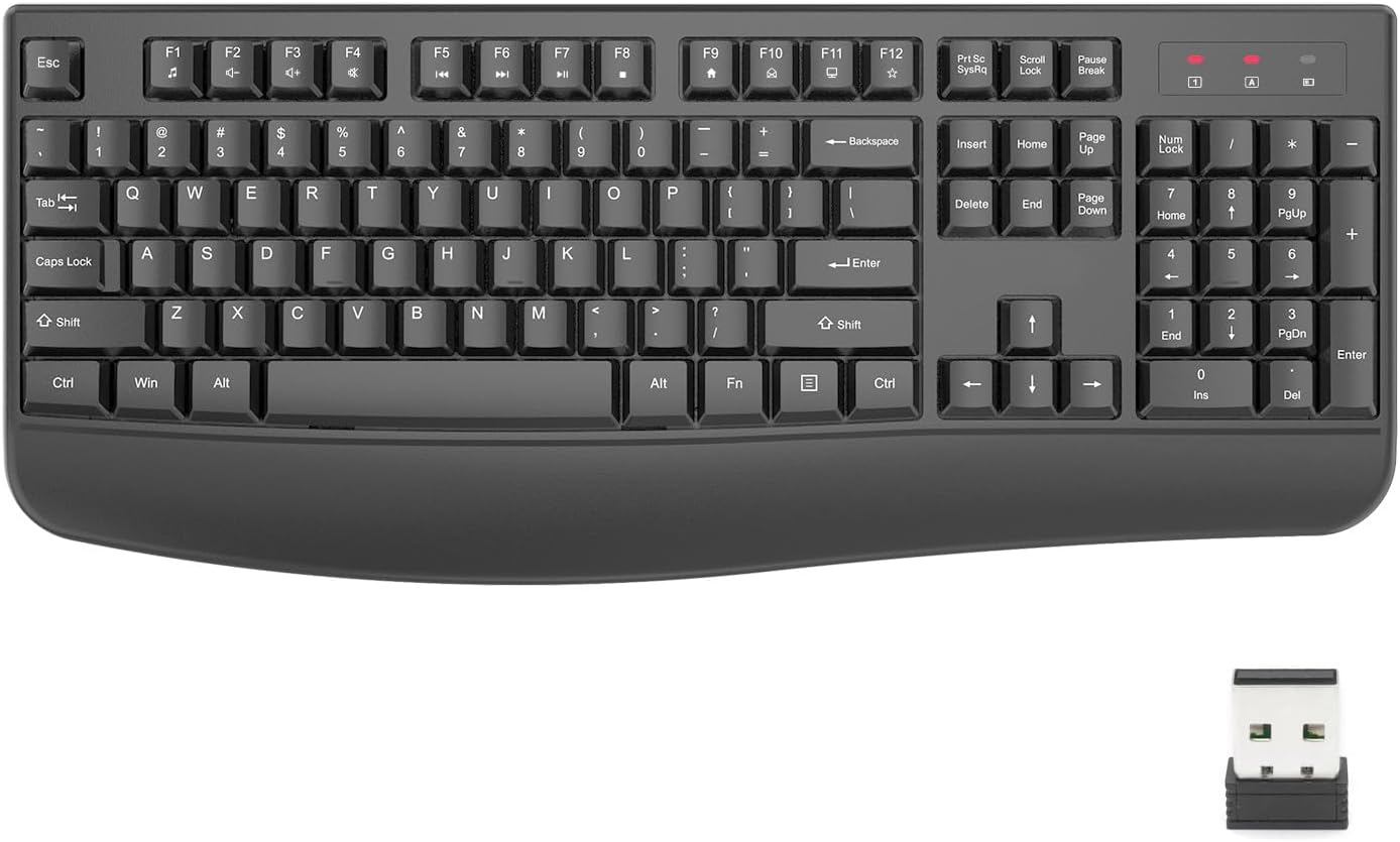EDJO Wireless Keyboard, 2.4G Ergonomic Full Size Wireless Computer Keyboard with Wrist Rest for Windows, Mac OS Desktop/Laptop/PC（Gray）