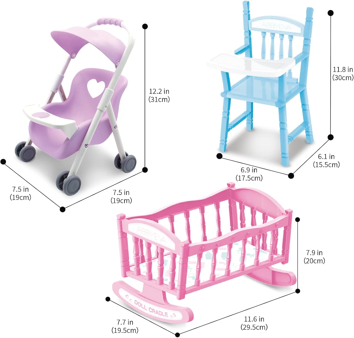 deAO Baby Doll Set Play Set Includes Miniature Crib,Mobile High Chair Stroller,12PCS Baby Doll Accessories,Great Pretend Play Gift for 3+ Years Old Kids Girls Boys L