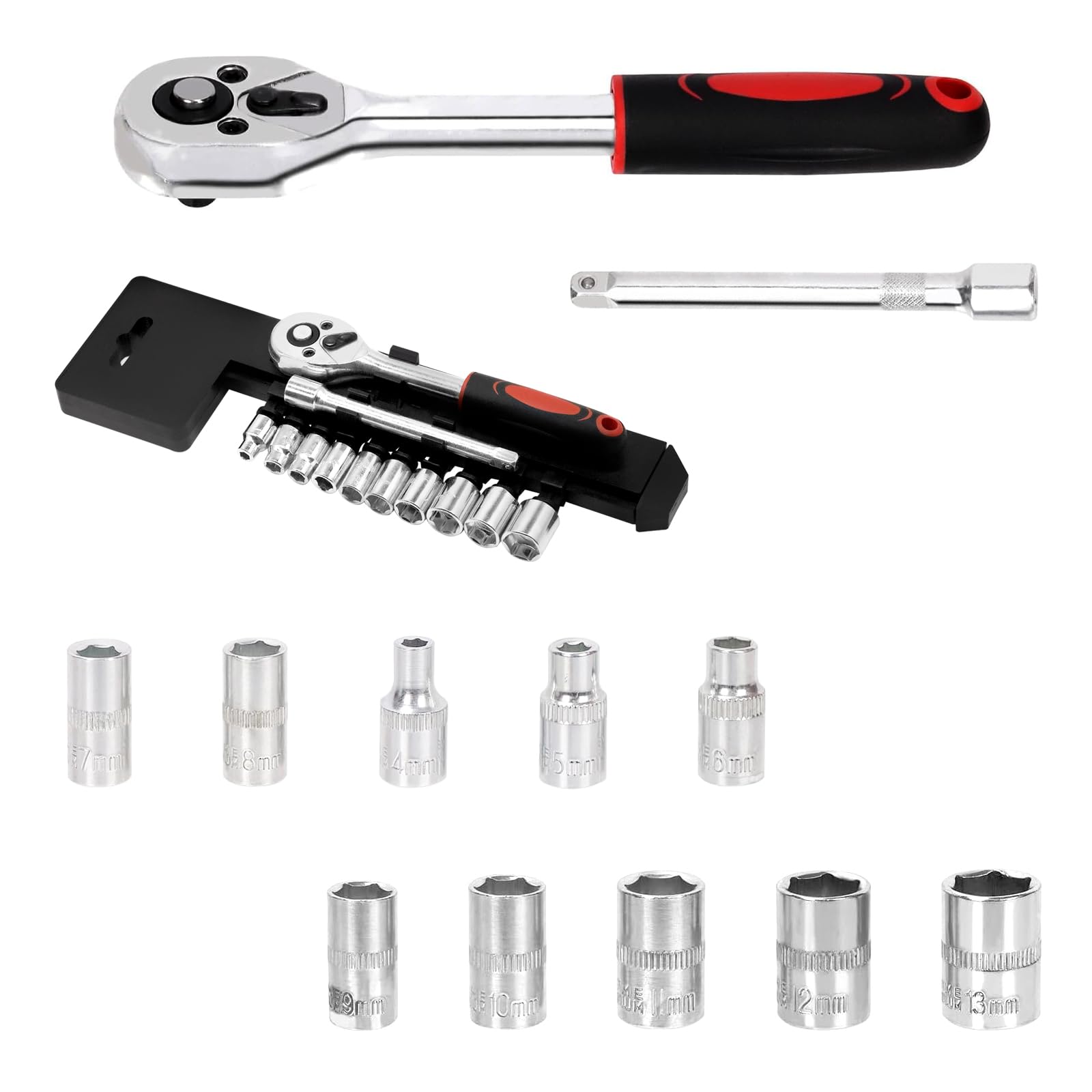Yauhar 12Pcs 1/2” Ratchet Socket Wrench Set, 10-24 mm Metric Sockets with 2 Way Quick Release Reversible Ratchet Wrench and Extension Bar