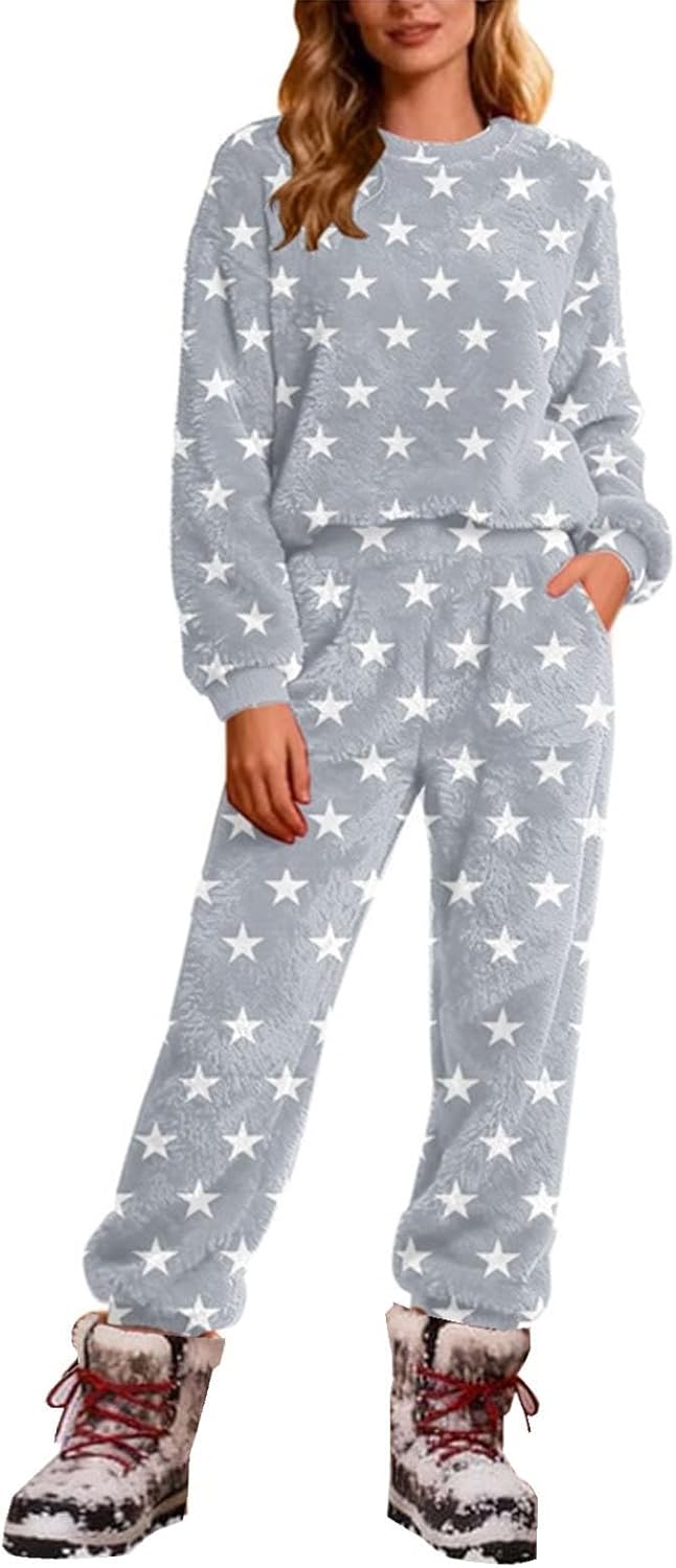 Oplxuo Women's Fuzzy Fleece Pajamas Set Cute Heart Print Soft Warm Flannel Sleepwear Long Sleeve 2 Piece PJ Set Loungewear