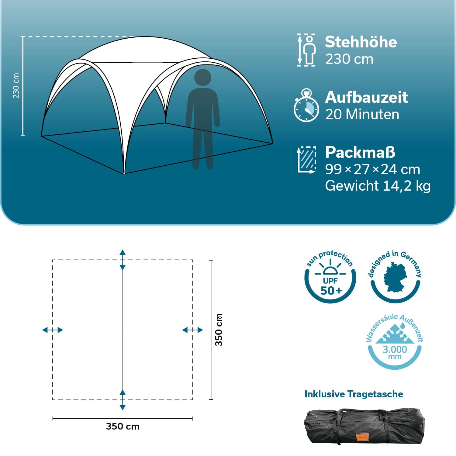 Skandika Pavillon Event Shelter Ascot 350 | Outdoor Gartenpavillon, 230 cm Stehhöhe, Sonnenschutz UPF 50+, wetterfest, Regenschutz, stabile Stahlstangen, Sonnensegel | Partyzelt für Festival, Strand