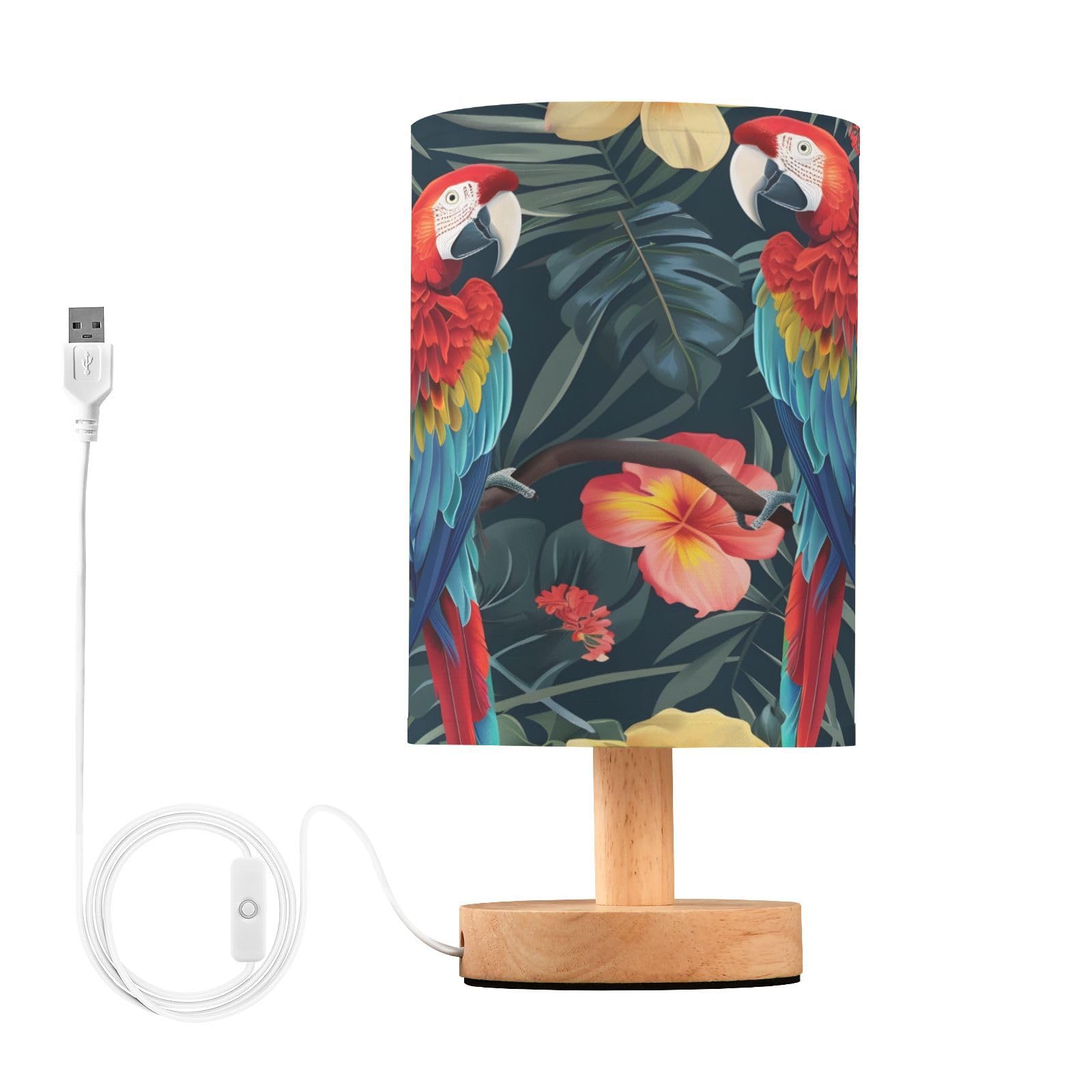 Mnsruu Bedside Table Lamps, Macaws Parrot Tropical Flowers USB Table Lamp for Bedroom, LED Light Bedroom Bedside Table Décor Night Lamp Warm White