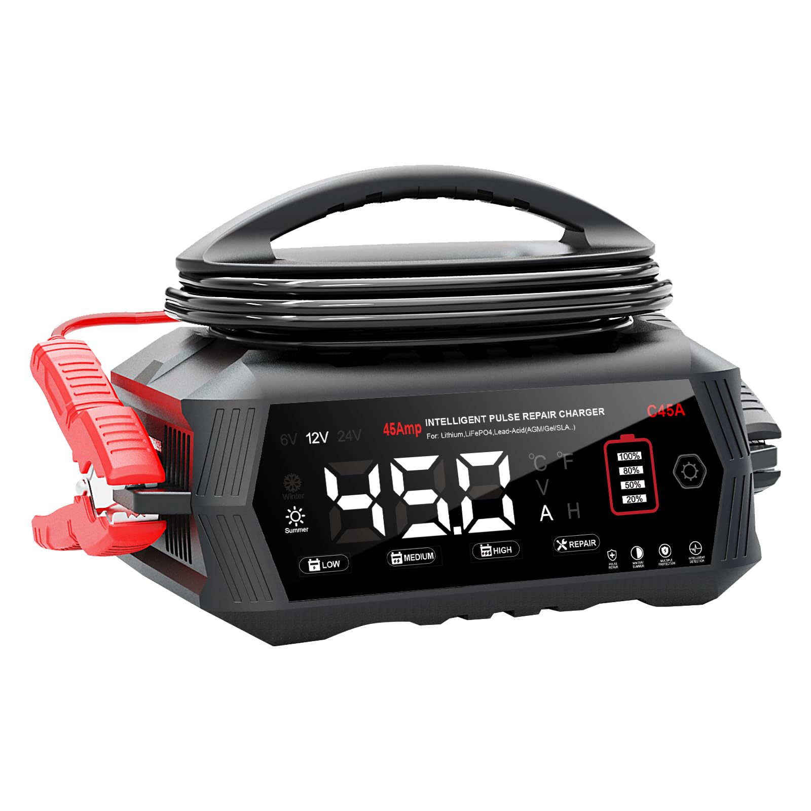 Caricabatteria da 45 Amp, 12 V/24 V al litio LiFePO4 al piombo acido, caricabatterie intelligente per auto, SUV, moto, barca, tosaerba