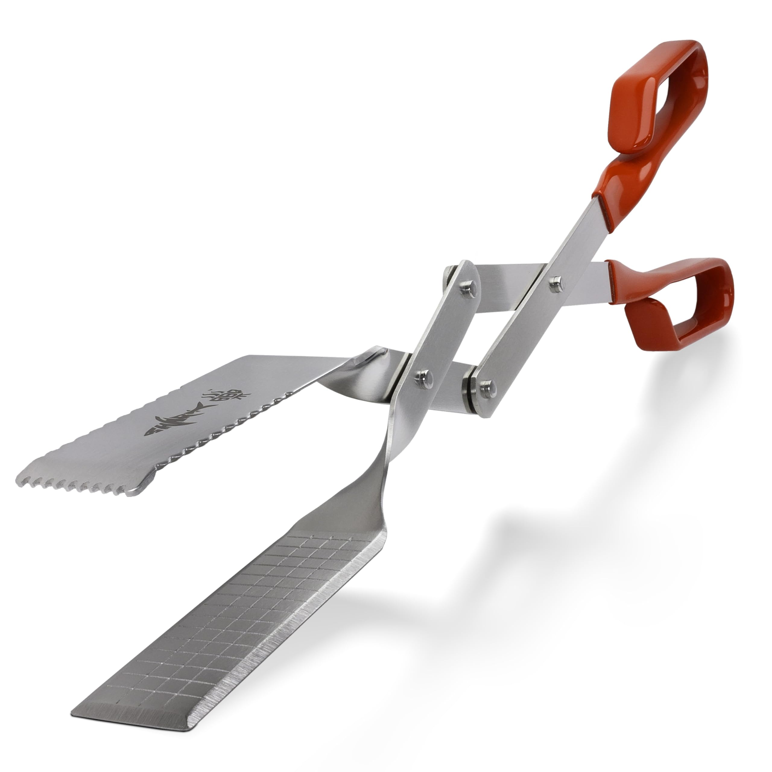 Shark BBQ Grill Tongs - Extra Long Barbecue Grilling Tong w Red Handle - Long Stainless Steel Tool - Wide Grip Kitchen Tongs w Knife Edge - Grill Tools
