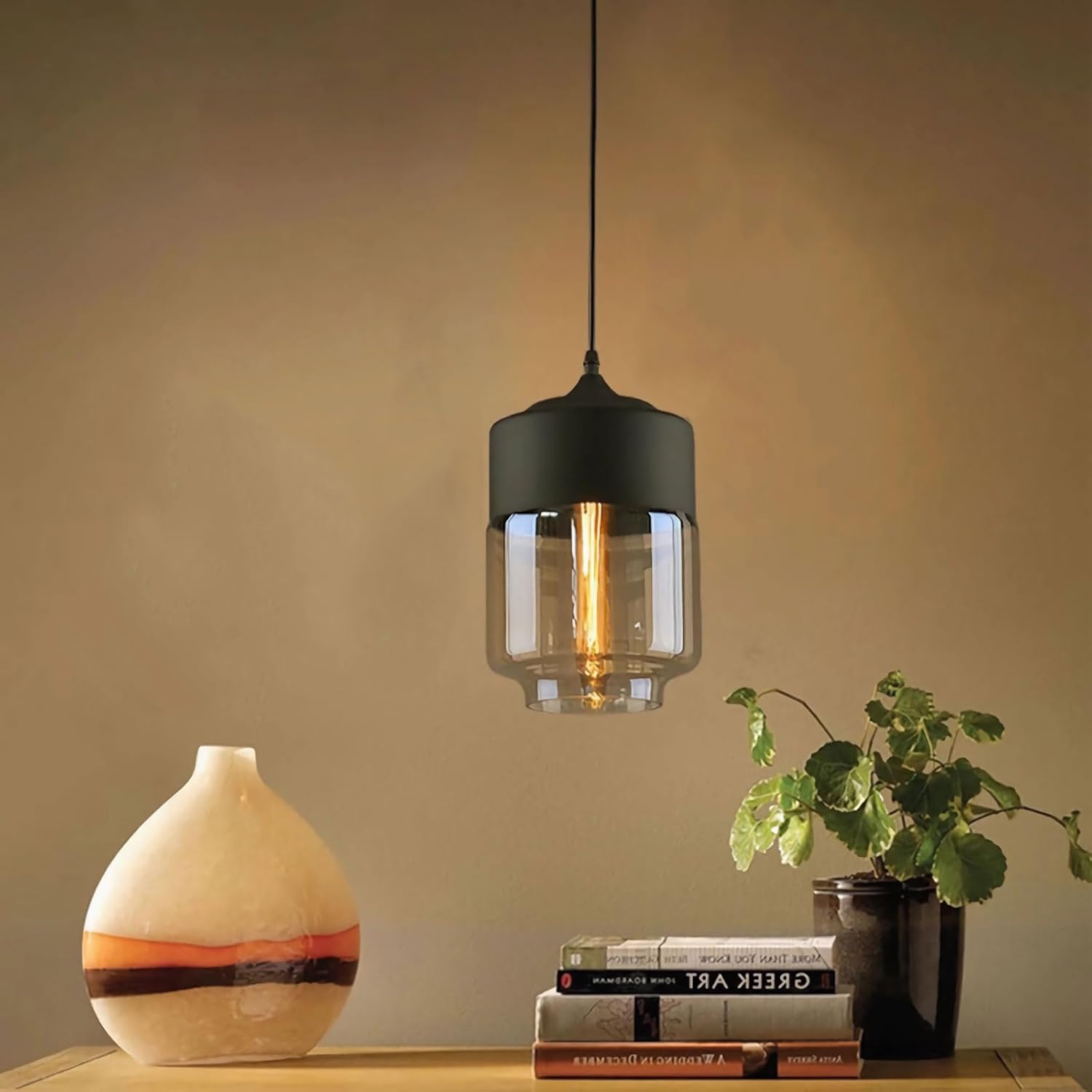 Black Pendant Light with Remote Glass Shade E26 Bulb 2700K Warm Light 3W Power Hanging Pendant Lamp for Kitchen Dining Corridor Bedroom
