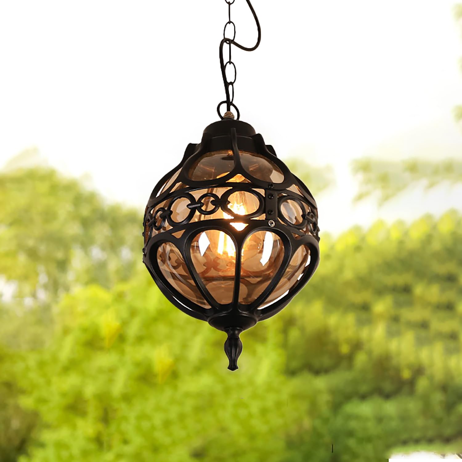 XIMYASEE Outdoor Chandelier, Industrial Aluminum Glass Hanging,Vintage Pendant Lights,Ceiling Lights E27 Height Adjustable, Waterproof Globe Pendant lamp for Porch Hallway Indoor (Black)