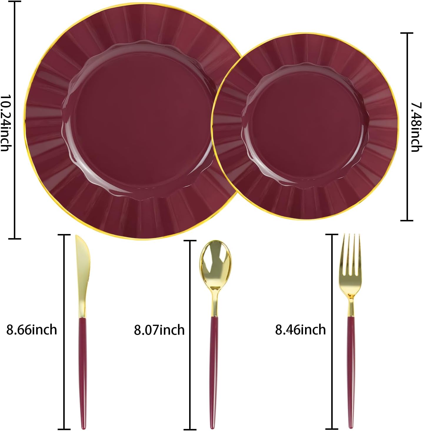 150Pcs Plastic Plates with Gold Rim,Heavy Duty Burgundy Plates for 30 Guests,Plastic Dinnerware Set Include 30 Dinner Plate,30 Dessert Plate,90 Gold Cutlery Set for Party (Burgundy) - Image 2