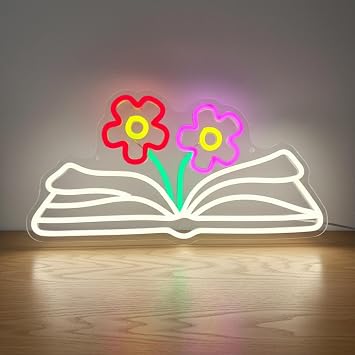 Books Flower Neon Sign, Back to School Decoration for Wall, Dimmable Neon Light for Classroom, Study Room, Library, Teachers, Students Gift 17.32 * 8.77in