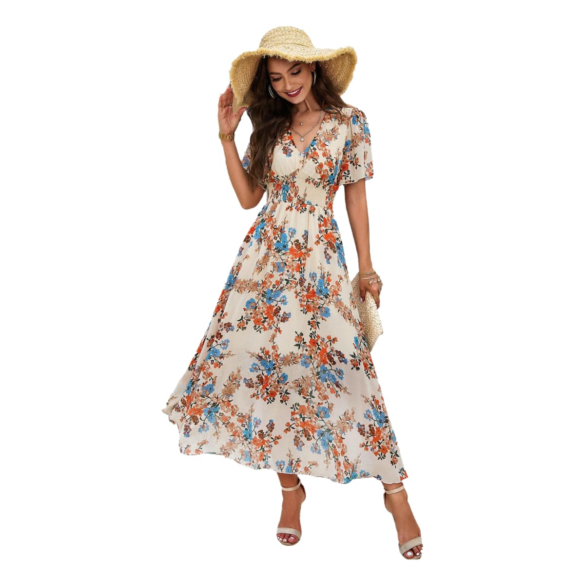 Vestito Donna Abito da Maxi Summer Dress Wrappy Short Work V Neck Floral Stampa in Vita Alta-Albicocca-l