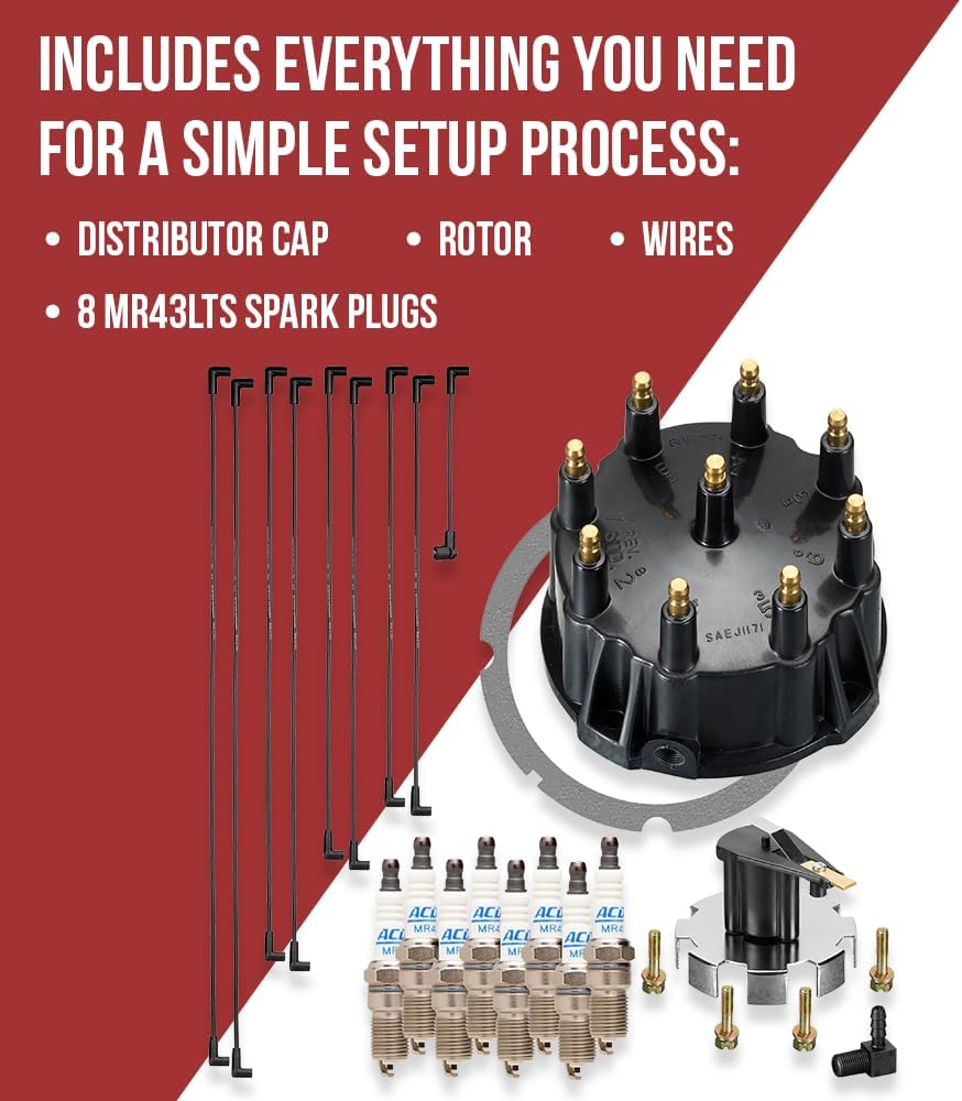 Tune up kit for Mercruiser 5.0, 5.7, 7.4, 8.2 V8 engines with Thunderbolt Ignition. Includes spark plug wires, distributor cap/rotor, and 8 MR43LTS spark plugs for 1997 and newer engines.
