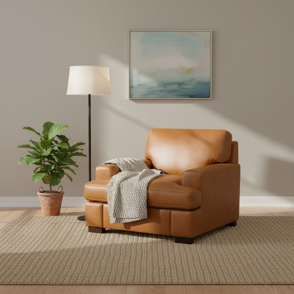 Siggy 400 LBS Capacity Genuine Leather Accent Chair – Goose Feather Cushion Filling for Cloud-Like Comfort, Easy Assembly, Tan Mid-Century Modern Single-Seat Sofa for Living Room