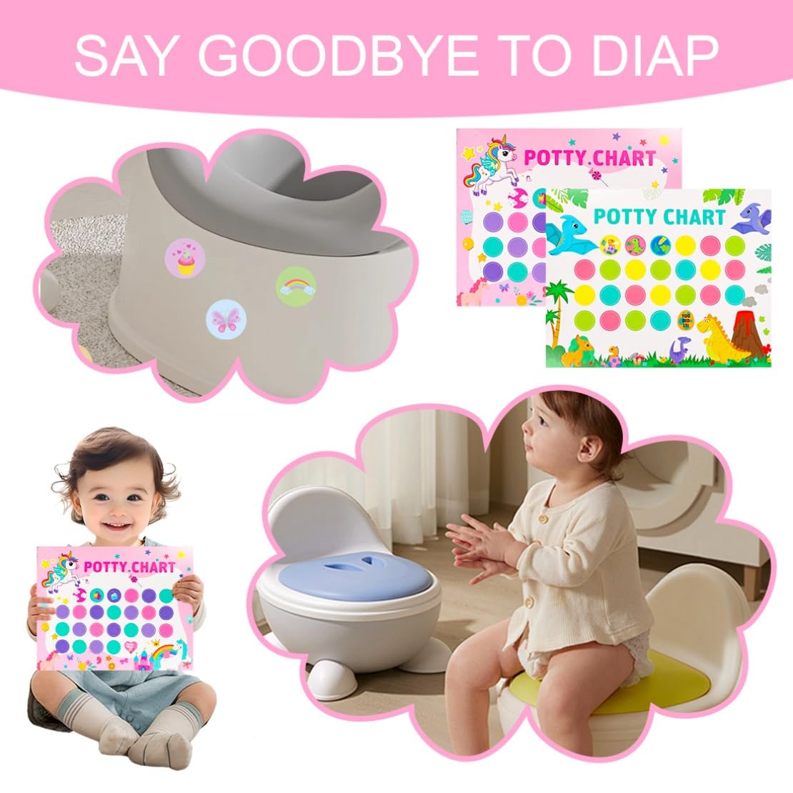 Potty Training Chart for Toddler 30 PCS 2 Fun Styles Potty Sticker Chart for Toddlers Girls Boys Rainforest Dinosaurs Pink Unicorn Motivational Reward Chart for Kids - 5