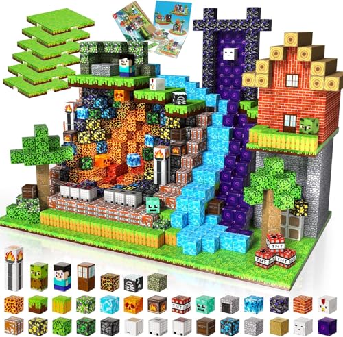 ToyUnited Cube Magnétique 200 Pièces + 6 Plateaux Herbe Aventure « Wagonnet dans la Mine » | Bloc Construction Magnétique avec Portail Temporel,...