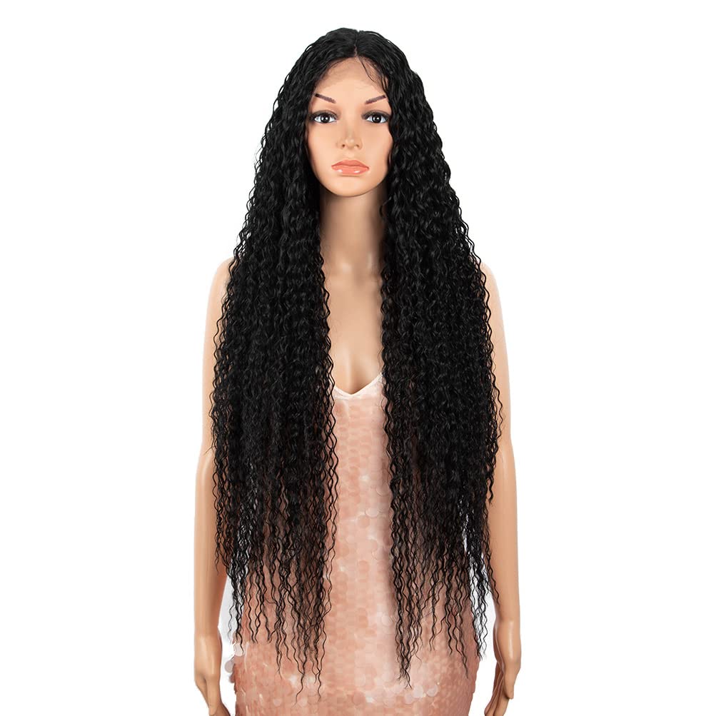 Style Icon38” Long Curly Wig Lace Front Wigs Synthetic Wigs with Baby Hair Half Hand Tied 130% Density Hair Replacement Wigs (38", 1B)
