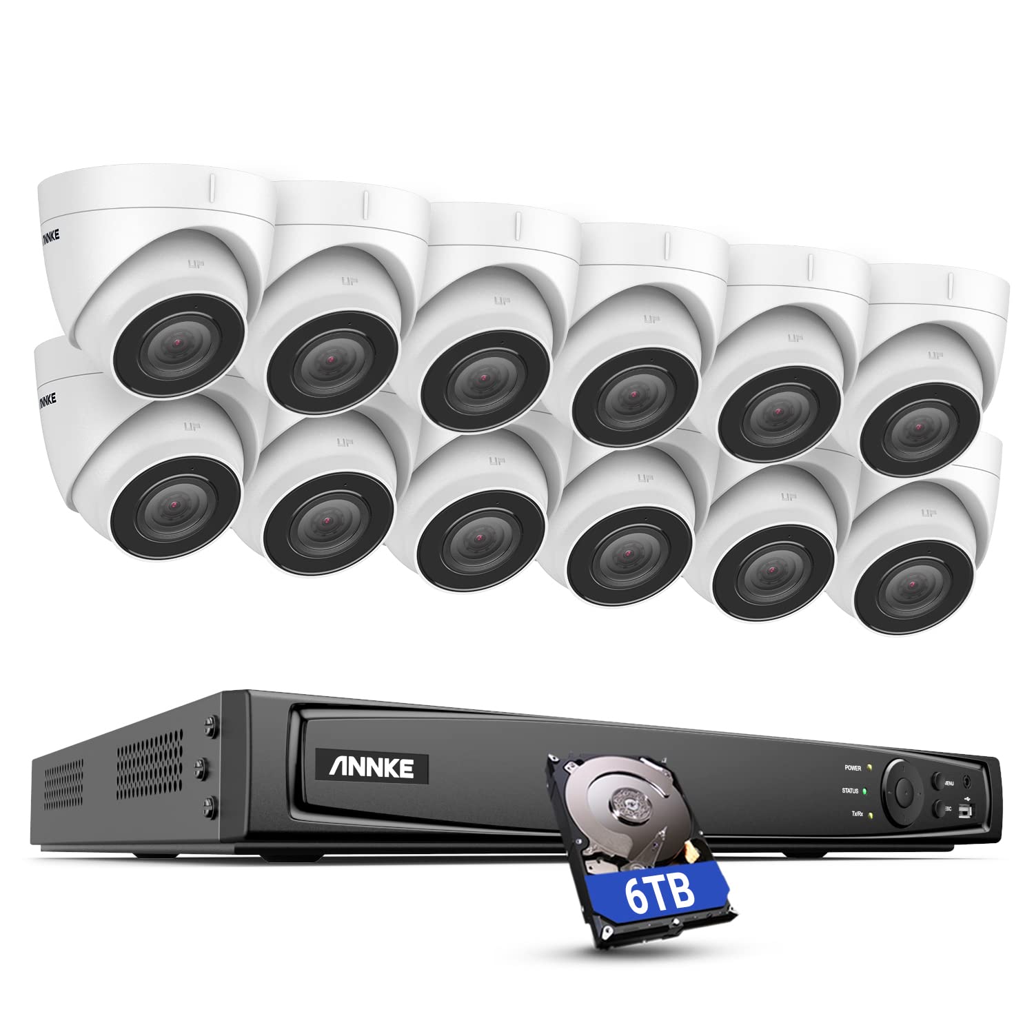ANNKE 4K 16 Channel PoE Home Security Camera System, 8MP Video Surveillance NVR with 6TB HDD, 12pcs 2.8mm Wide Angle IP Turret Cameras for Home Business 24/7 Audio Recording, Human & Vehicle Detection