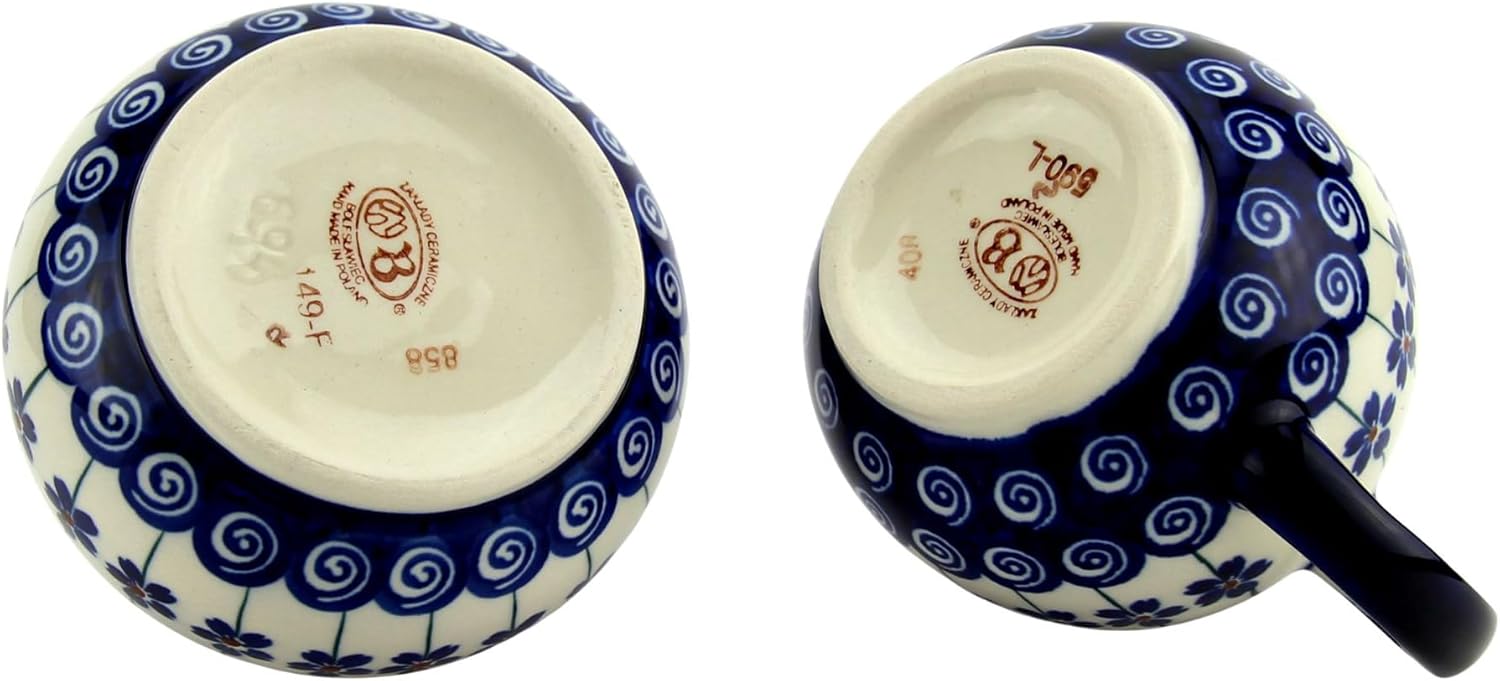 Polish Pottery Market Sugar Bowl with Lid and Creamer Set - 10 Oz. Sugar Bowl & 9 Oz. Cream Pitcher -Hand-painted Stoneware by Zaklady Boleslawiec Poland
