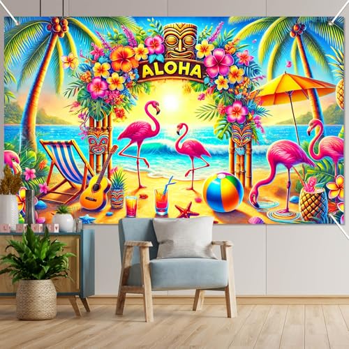 Image of BlissYard Hawaiian Party Decorations Banner 71 x 43 Inch Aloha Backdrop with Flamingo Tiki Totem Palm Tree, Luau Party Decorations Beach Photo Booth Background for Summer Aloha Decor