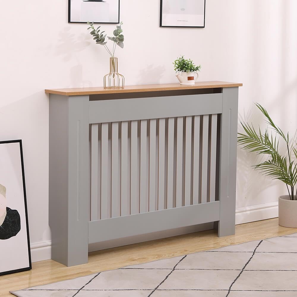 Home Source Radiator Cover Wooden Wall Cabinet Shelf Slatted Grill, Grey Oak Effect Top, 112cm